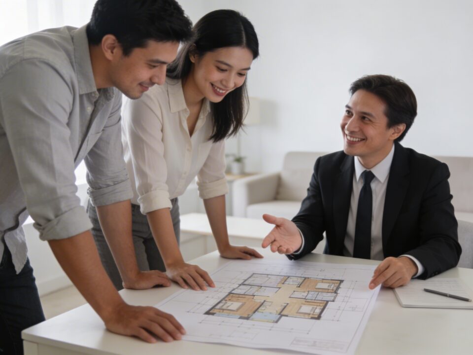 couple examine plan maison dans salon lumineux avec proprietaire souriant