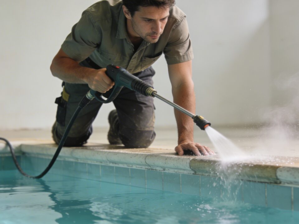 Homme penche nettoyant margelle piscine au nettoyeur haute pression