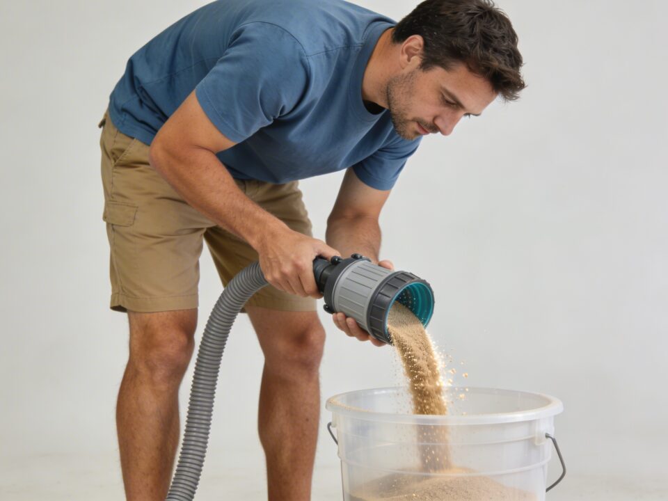 Homme vidant du sable de filtre piscine dans grand seau plastique