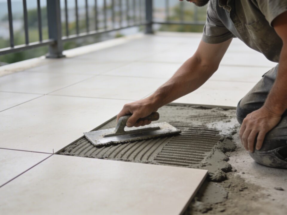 Macon agenouille sur terrasse exterieure nivelant chape beton avant carrelage