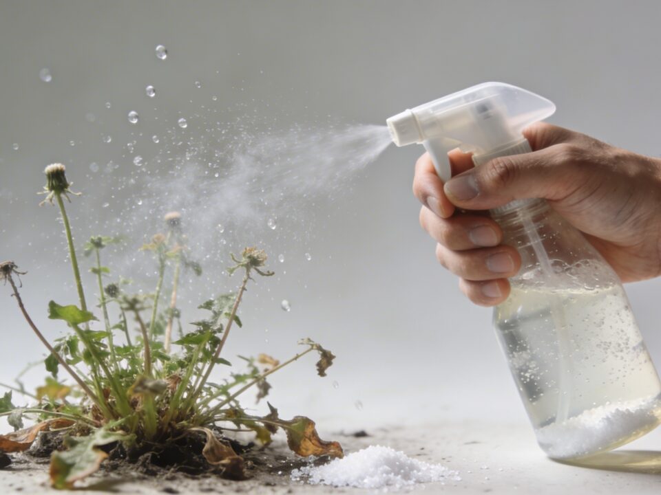 Main de jardinier vaporisant melange vinaigre sel sur mauvaises herbes