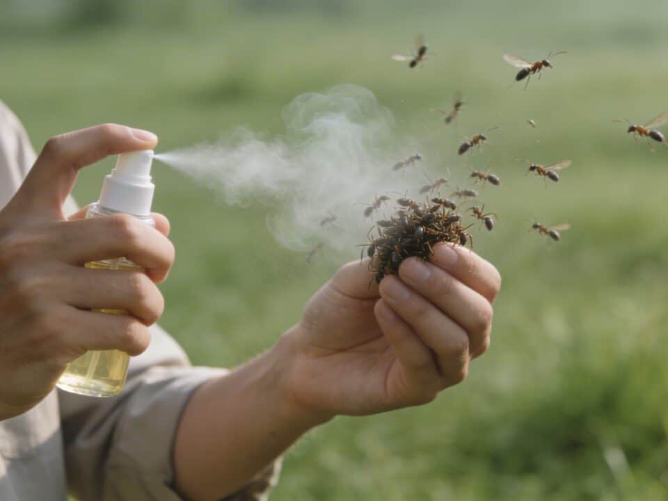 Personne vaporisant un melange naturel sur des fourmis volantes