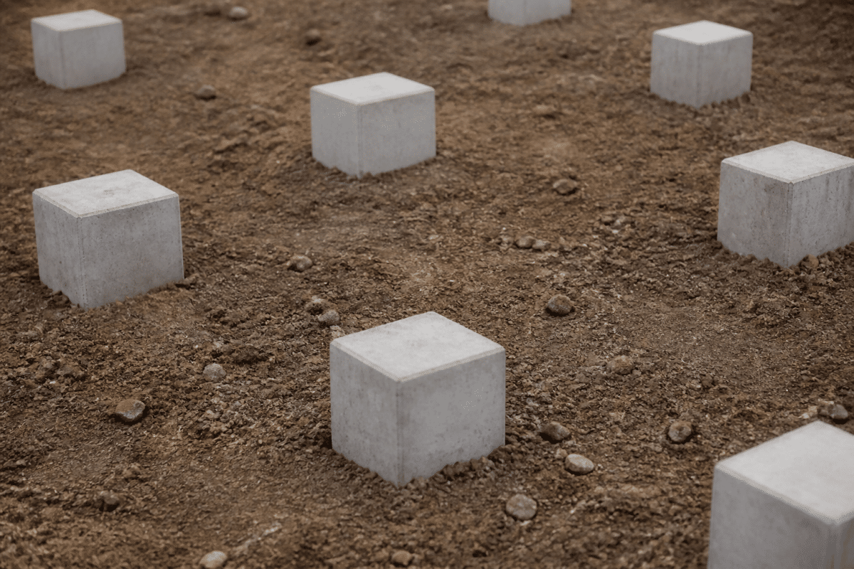 Blocs beton gris espaces regulierement sur sol terre