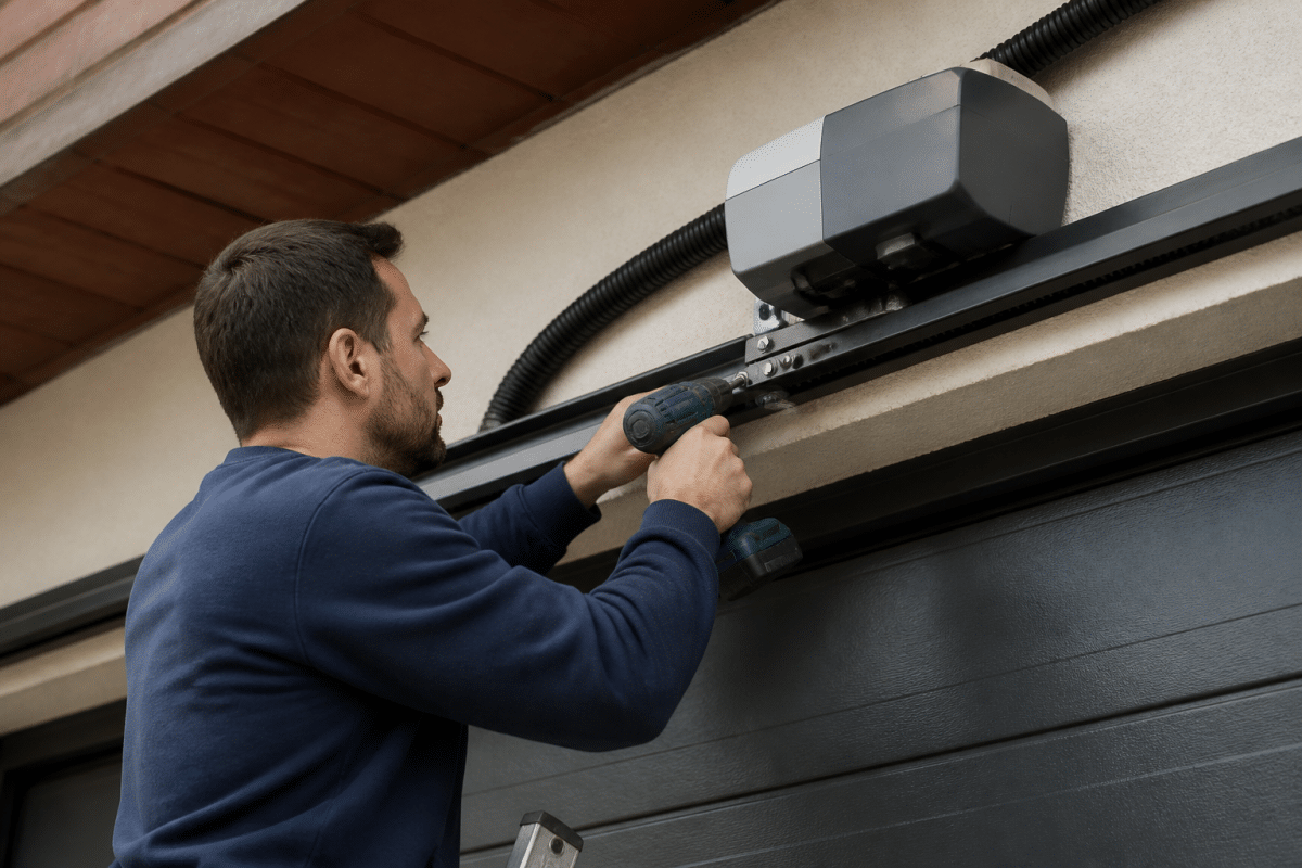 Technicien fixant rail guidage et boîtier commande motorisé